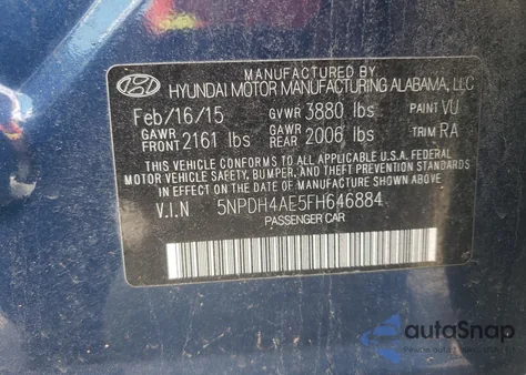 2015 Hyundai Elantra Se из США, поврежденный, VIN 5NPDH4AE5FH646884